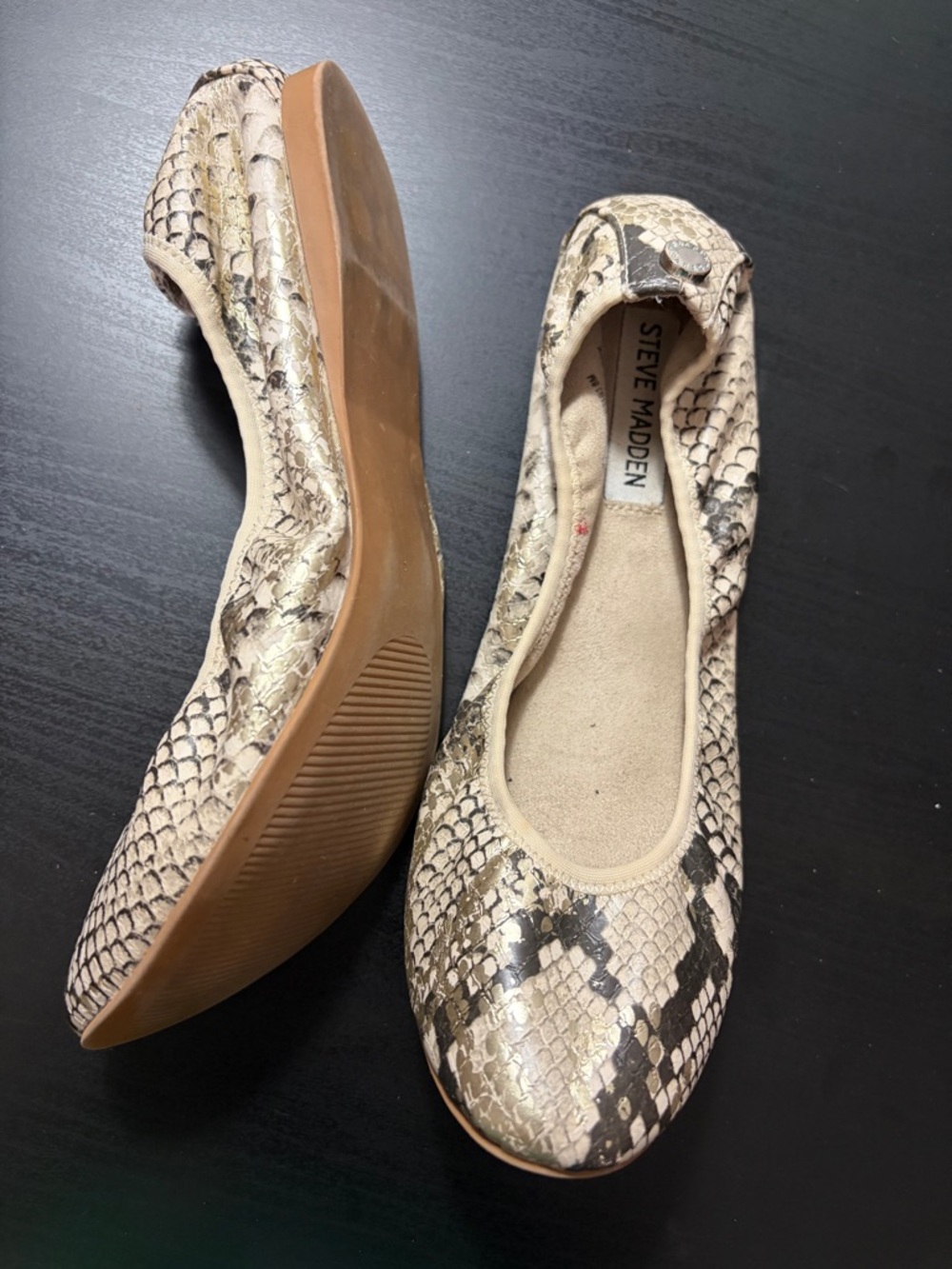 Steve Madden Beige Snake-Print Ballet Flats - Picture 2 of 9